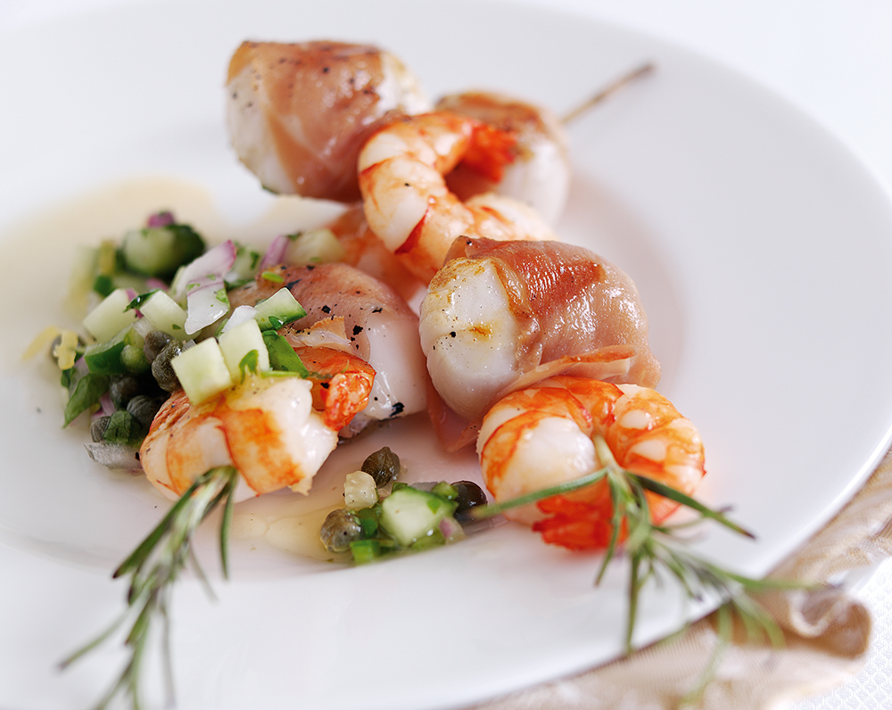 Parma Ham Wrapped Scallops & Prawn Skewers Quality Food and Drink Parma Ham Wrapped Scallops & Prawn Skewers Quality Food and Drink